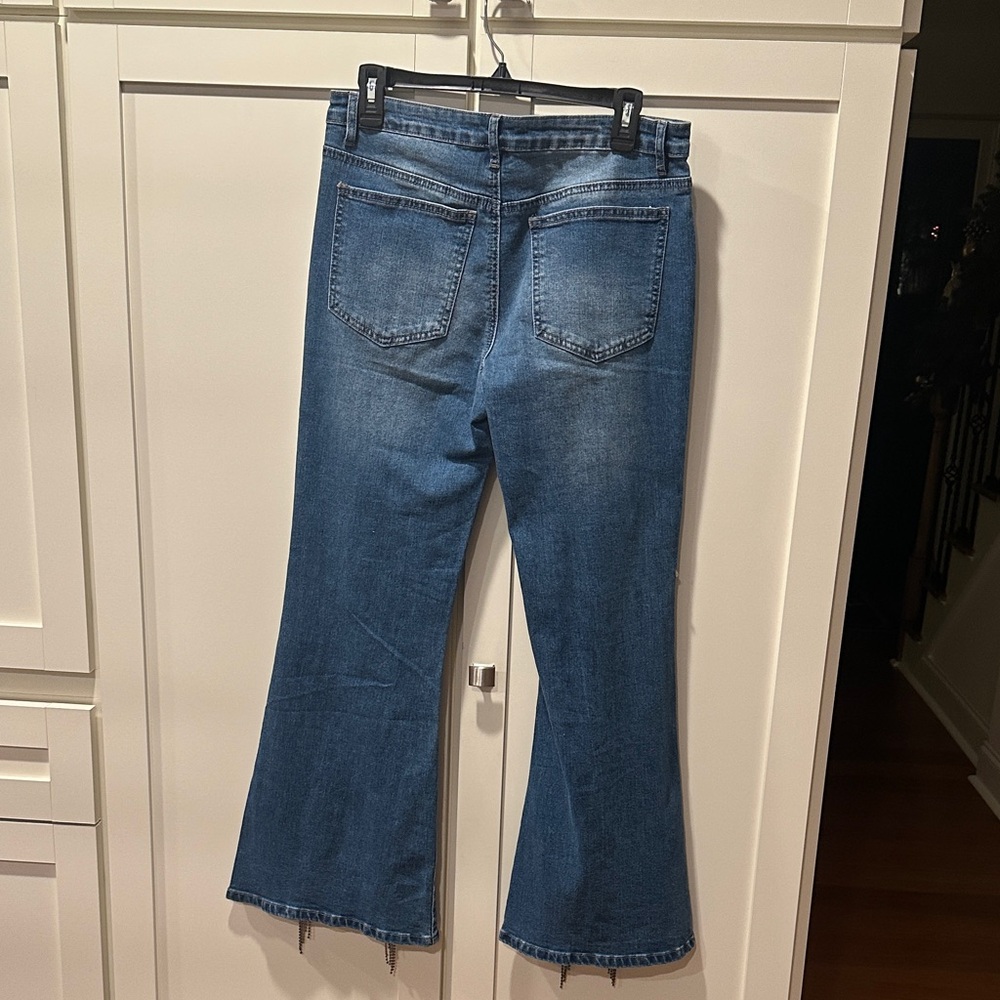 Blue Flared Women Jeans with Fringe Rinestone Details - Picture 3 of 3